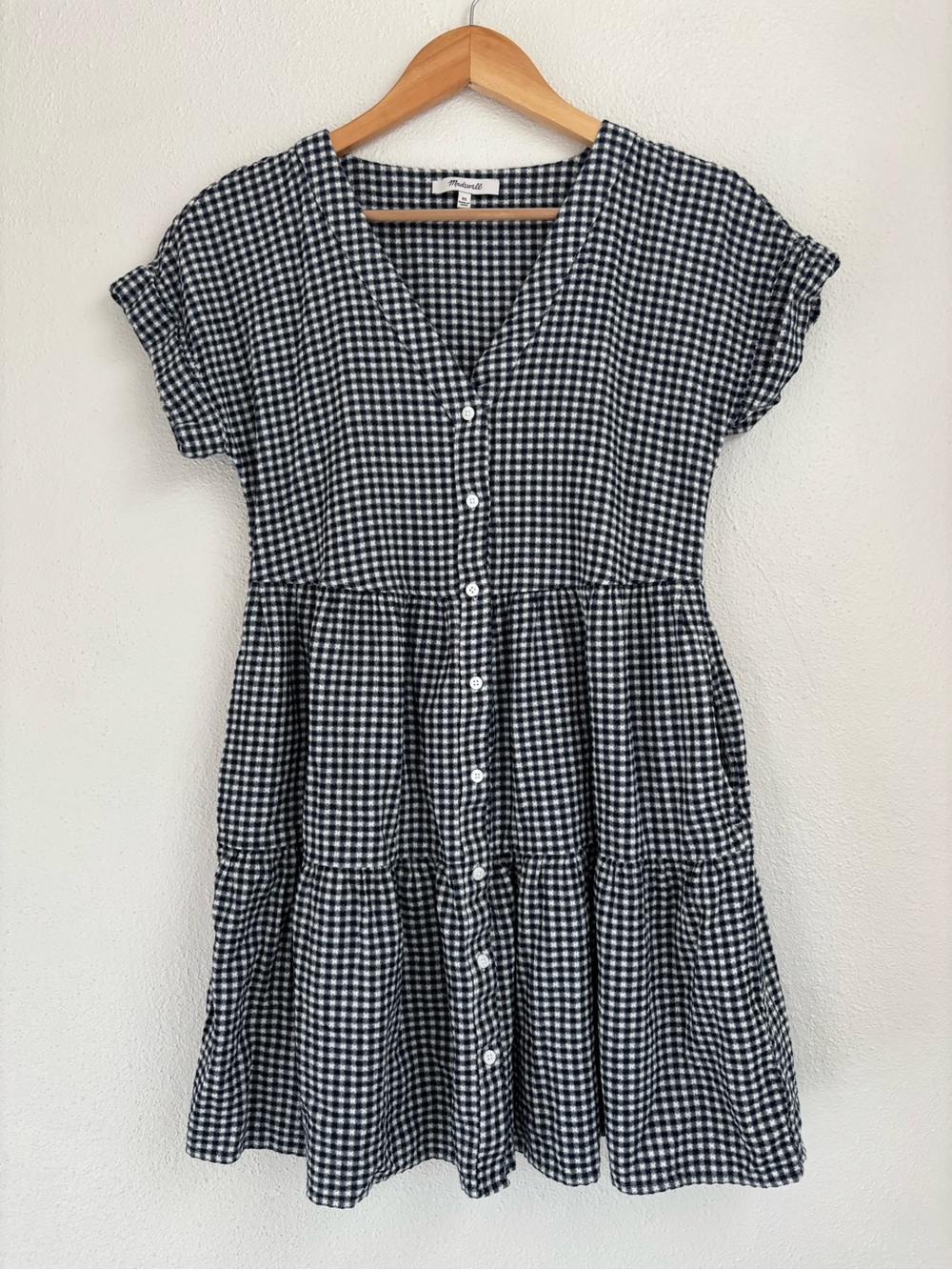 Madewell | Blue & White Gingham Button-Front Tiered Mini Dress - Picture 2 of 5